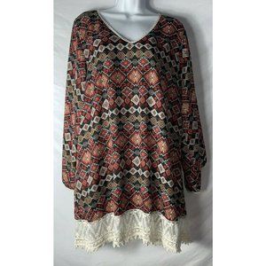 LTX Sportswear Womens Dress Tunic Top M Boho Black Red Gray Bell Sleeve Lace